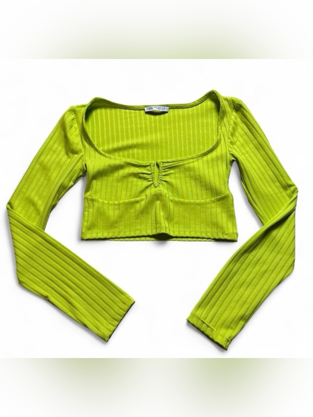 Zara Lime Green Long Sleeve Crop Top Womens Size Small